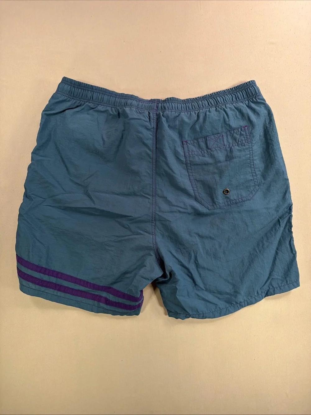 Vintage Men's Teal Elastic-Waist Swim Trunks with Embroidered Logo Patch